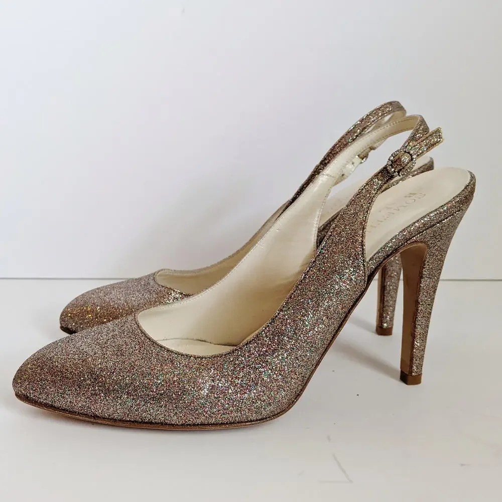 Something Bleu Gold Glitter Slingback Bridal Heels Italy Size 9 Stilettos Glam